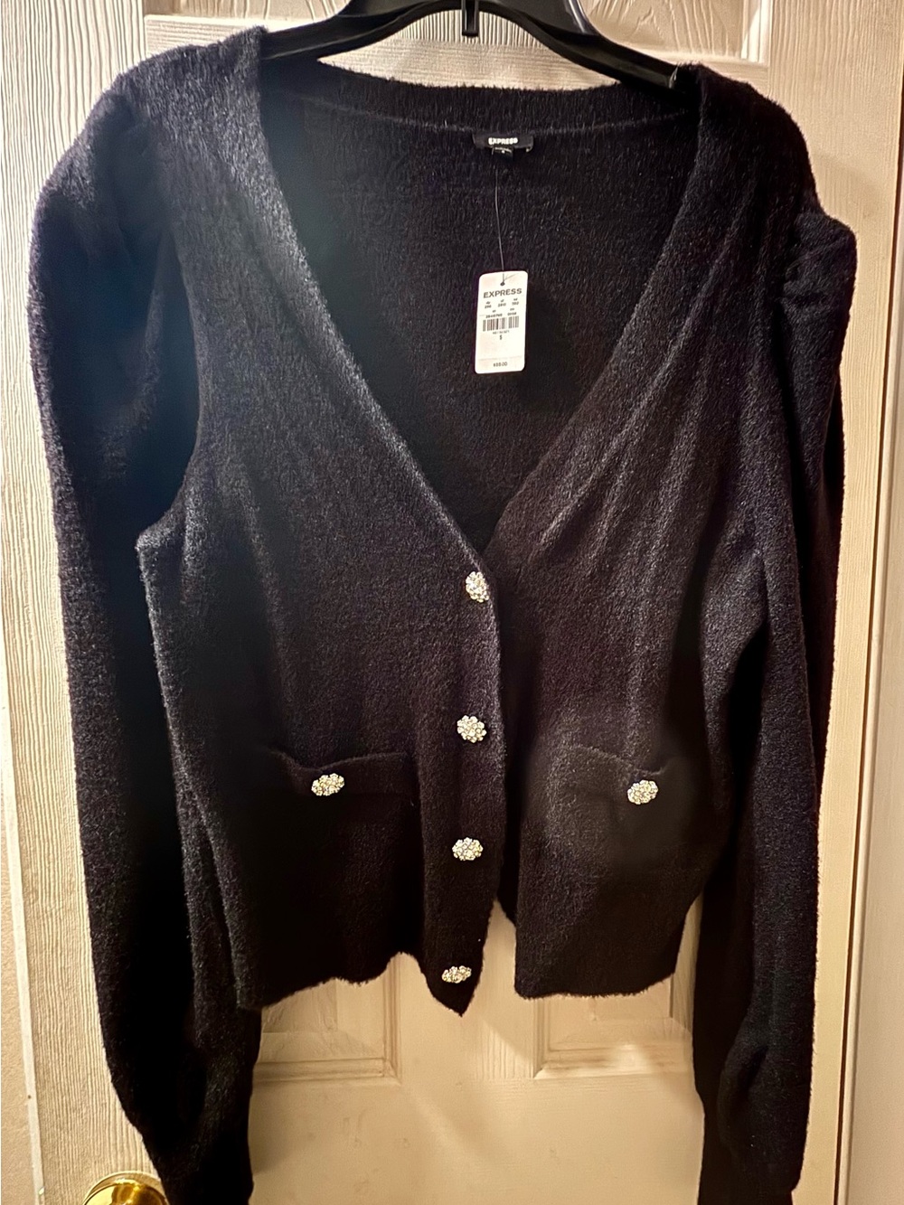 Express Black Fuzzy V-Neck Cardigan with Rhinestone Flower Buttons